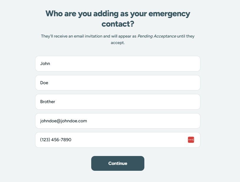 Add emergency contact form filled with example information