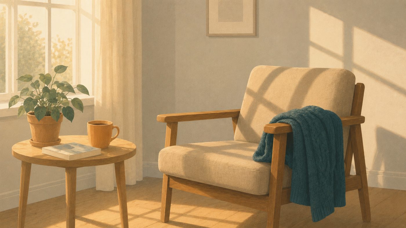 A sunlit living room with a comfortable armchair, a soft teal throw, a book, and a cup of coffee by the window.